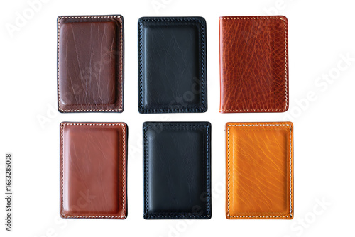 A collection of six high-quality rectangular leather card holders in various brown and black tones.