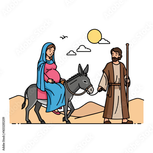 Pregnant Saint Mary riding a donkey, Saint Joseph leading Her in the desert. Saint Mary and Saint Joseph cartoon. Vector flat design color with line art, white background. AI generated images.