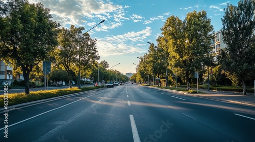 Empty city street lined with trees under a partly cloudy sky