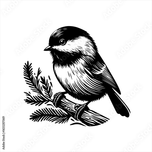 Black and White Chickadee Perched on Pine Branch.