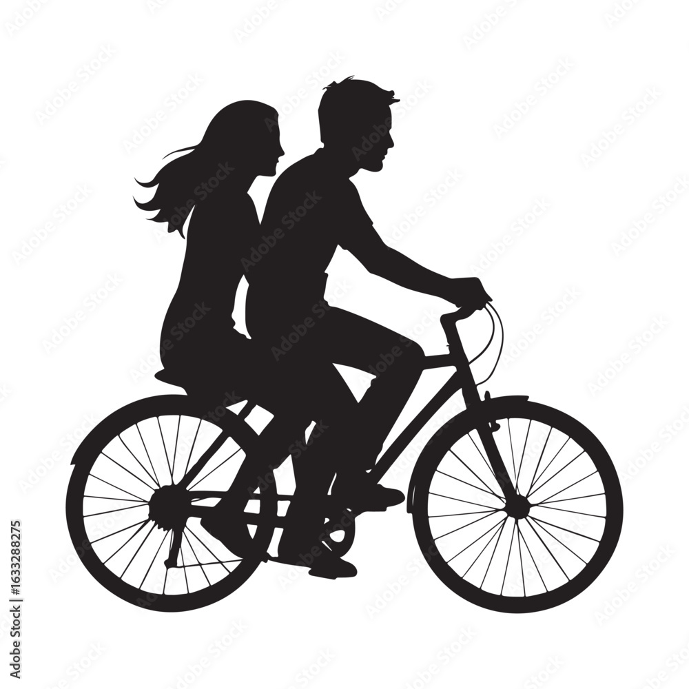 Fototapeta premium Couple riding a bicycle together on a white background silhouette
