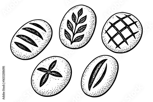Set of Sourdough Bread Loaves with Artisan Scoring Patterns Vector in Hand-Drawn Sketch Style - Rustic Line Art Collection for Bakery Design (Isolated, Transparent Background)
