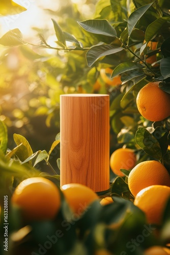 Wooden cylinder amidst orange orchard. Sunlight streams through foliage