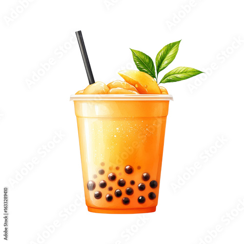 Refreshing orange bubble tea with tapioca pearls