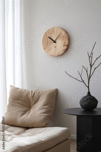 Light beige couch, round wooden clock, and minimalist decor