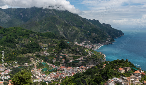Scenic bird's eye view of the Amalfi Coast in Italy. 