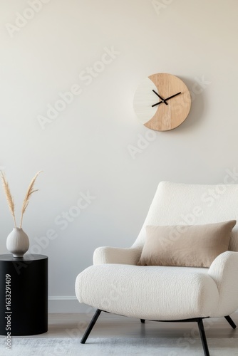 Modern, minimalist room with a light-colored wooden clock, a beige armchair, and a vase of dried flowers
