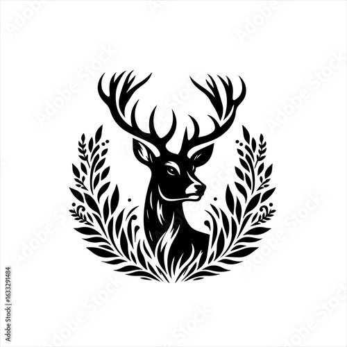 Majestic Stag Head with Laurel Wreath Emblem.