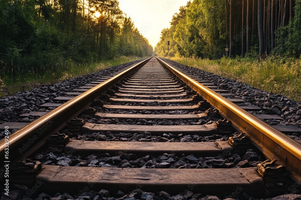 Fototapeta premium Railroad tracks stretching into a sunlit forest