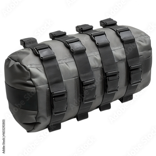 A detailed close up of a black tactical handlebar bag with multiple straps and buckles designed for outdoor adventures and cycling isolated on transparent background