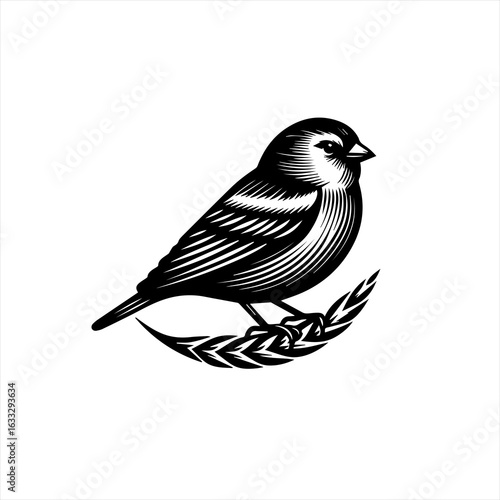 Stylized Black and White Bird on Branch.