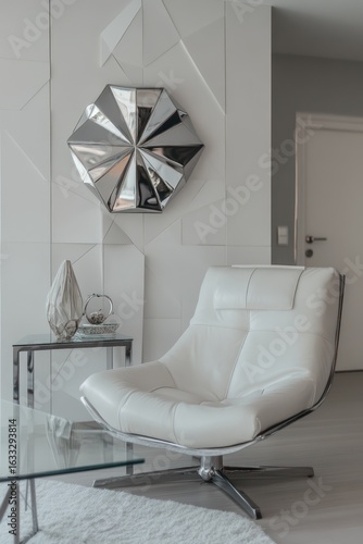 Modern white living room with geometric accents