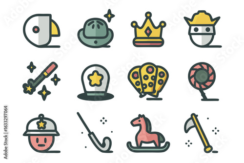 Assorted colorful cartoonish icons with playful designs set of vector