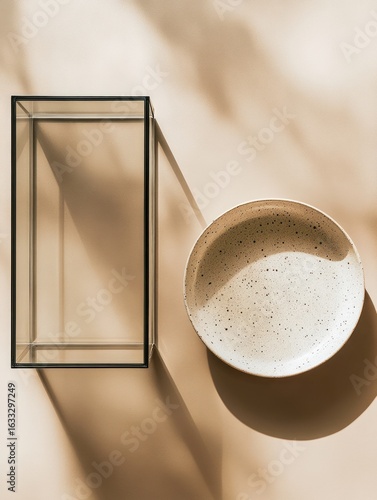 Wallpaper Mural Empty glass box and speckled plate on a beige surface, sunlit Torontodigital.ca