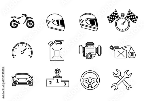 Motorsports Vector Icon Set | Adjustable Line Weight | Racing, Car, Motorcycle, Helmet, Speed, Trophy, Tools, Fuel Icons
