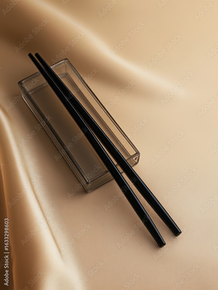 Naklejka premium Black chopsticks in a clear rectangular dish on a smooth beige surface