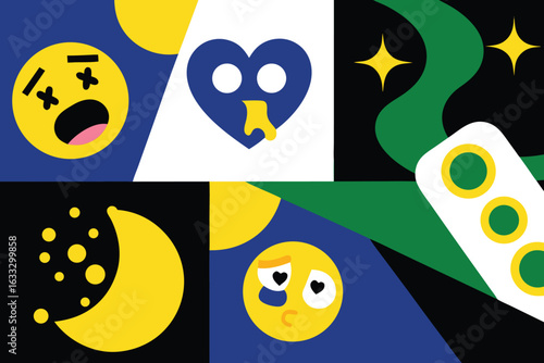 Colorful abstract shapes with expressive faces and celestial elements yellow blue