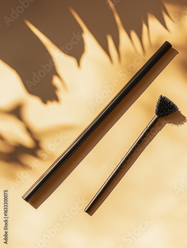 Two black, minimalist items?a long straw and a small brush?rest on a beige surface with sun-dappled shadows of leaves