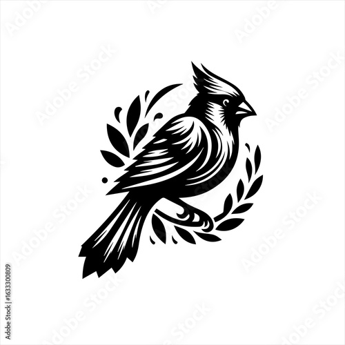 Stylized Black Cardinal Bird Emblem.