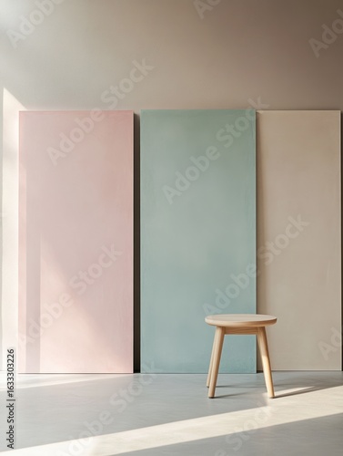 Minimalist room with light wooden table and painted panels