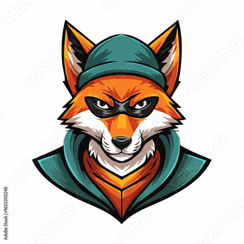 A stylized illustration of a fox's head with a cunning gaze, wearing a black eye mask and a beanie hat. This design is perfect for a brand mascot, logo, or emblem for a security, stealth-focused, or m