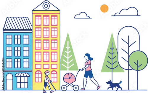 An urban family with their children walking happily down a sunny city street