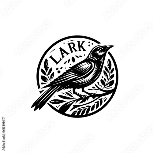 Stylized Lark Bird Perched on Branch Logo.