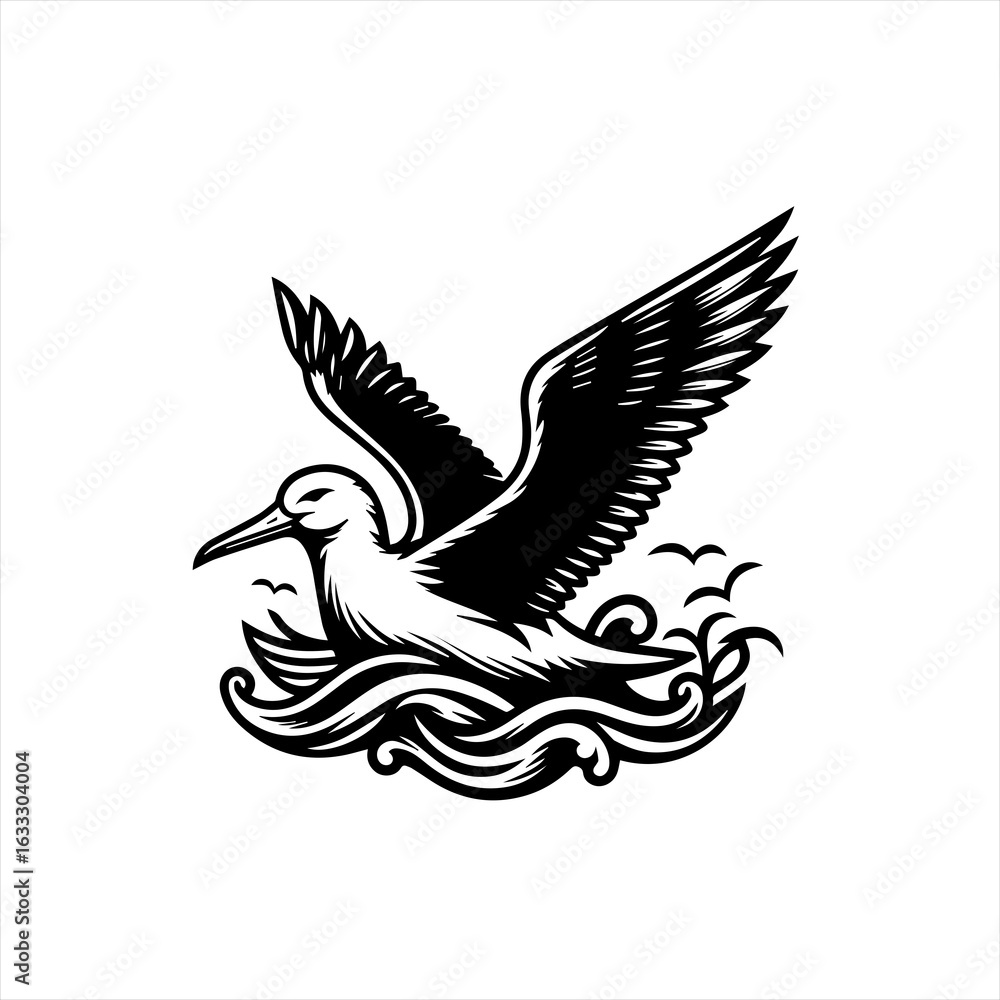 Obraz premium Stylized Seagull Flying Over Waves.