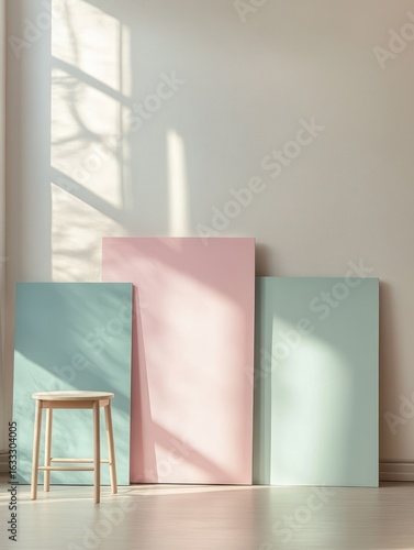 Pastel-toned art panels and wooden stool in a sunlit room