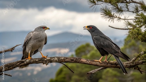 Two raptors perched on a tree branch with a mountainous landscape background