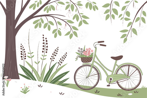 A floral bicycle design with a decorative frame in a lush garden, surrounded by spring flowers, green leaves, and butterflies