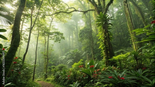 Lush tropical rainforest with sunbeams filtering through dense foliage