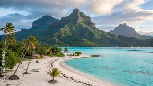 Tropical paradise beach with turquoise water and lush green mountains