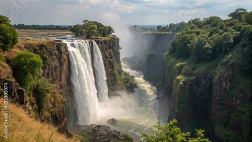Majestic victoria falls cascading over rugged cliffs in zambia