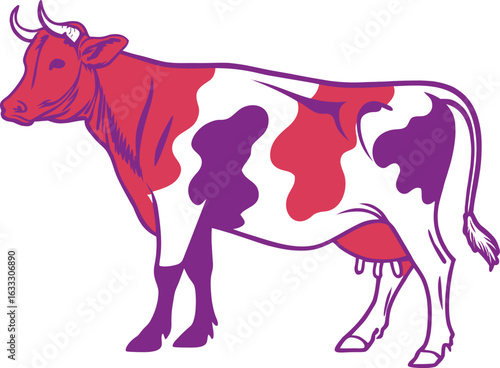 Cute dairy farm cattle family with a black and white cow, a bull, and a calf illustration on an isolated white background