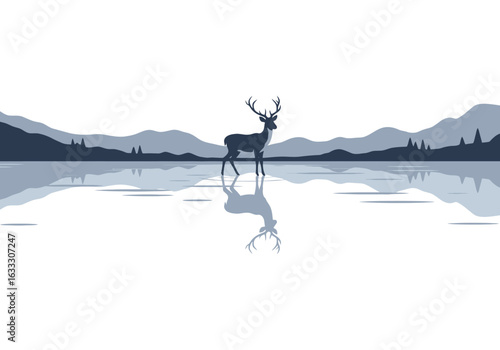 A deer reflected on a lake surrounded by mountains