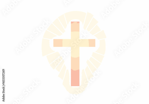 A cross is centered within a paleyellow frame that resembles an eye all on a white background