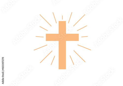 A cross illuminated by radiating lines is centrally positioned against a blank backdrop