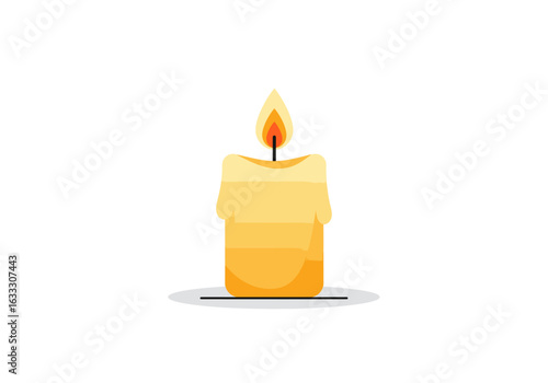 A lit candle featuring a light yellow body and a flickering flame