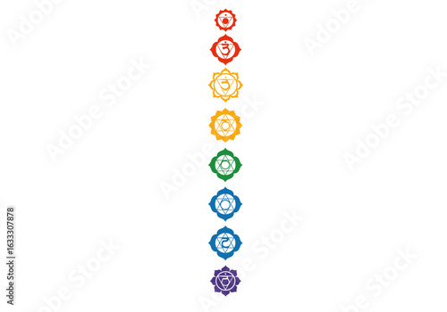 A stack of colorful chakra symbols on a white background arranged vertically