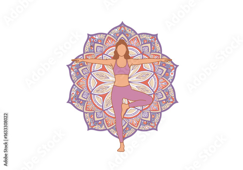 A yoga pose of a person stands centered before a purple and beige patterned mandala