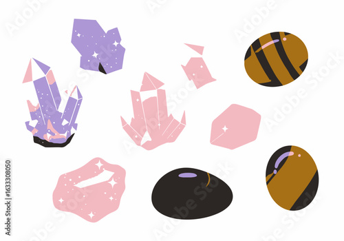 An illustration of assorted crystals  gemstones in shades of lilac pink brown and black