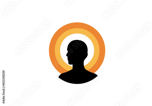 Black silhouette of a persons head and shoulders surrounded by orange and yellow circles on a white background