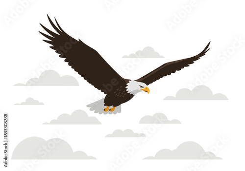 Eagle in flight against white clouds its beak and talons distinct
