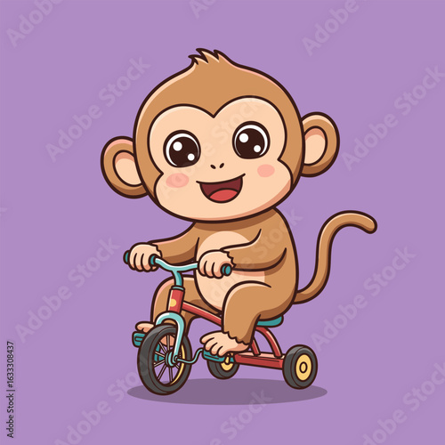 Cheerful cartoon monkey riding a colorful tricycle on a purple background.