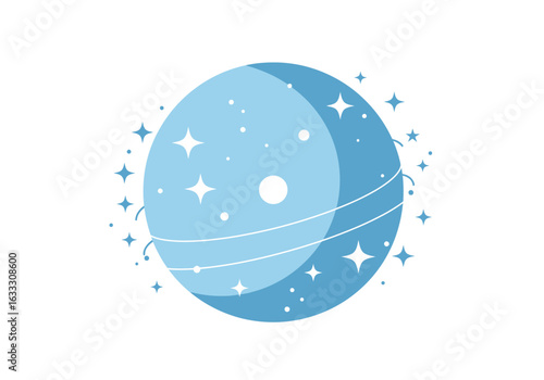 Illustrated planet of blue with white stars spots rings