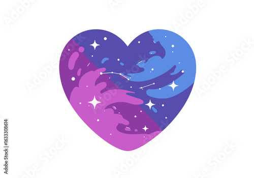 Heart shape split left side is purple with stars right side is blue with clouds and stars