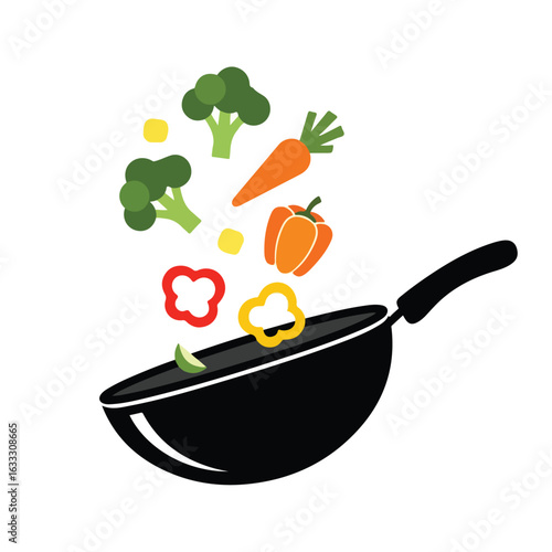 Vegetables added to wok illustration