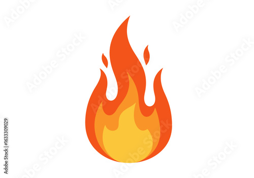 Orange and yellow cartoon flame with abstract shape on white background