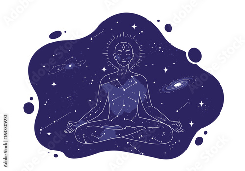 Person meditating in lotus pose outlined within a dark starry cosmic space with stars and a galaxy visible